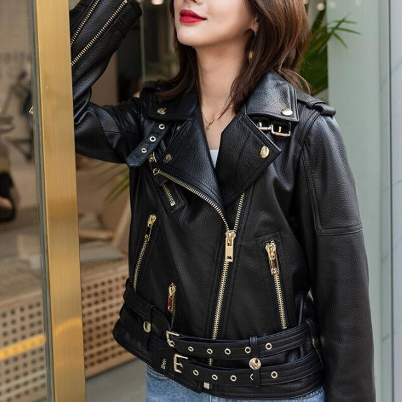 Luxury Brand 2023 giacca da donna in vera pelle da donna cappotto in vera pelle di pecora nuovo autunno inverno moto Biker Outwear nero