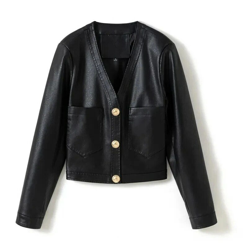 Женская Короткая кожаная куртка, черная куртка из искусственной овечьей кожи с V-образным вырезом, весна 2022