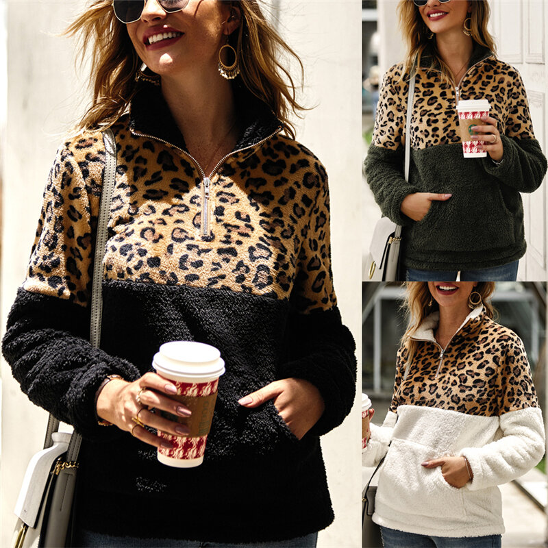 2019 inverno lã camisola moda leopardo retalhos fofo grosso blusas quente zíper pullovers feminino inverno casaco sherpa topos