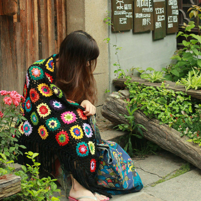 Nguyên Chất 2022 Handmade Retro Mori Girl Mori Nghệ Thuật Quạt Đan Rỗng Khăn Quàng Khăn Choàng Ban Đầu Tam Giác Khăn Choàng Tua Rua Mũi