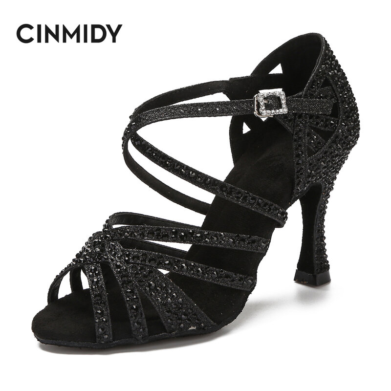 CINMIDY ผู้หญิงละตินเต้นรำรองเท้า Rhinestones นุ่มด้านล่าง Salsa รองเท้าเต้นรำรองเท้าแตะผู้หญิงผู้หญิงงานแต่งงานรองเท้าส้นสูง7.5ซม.