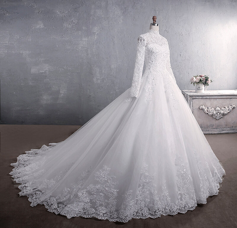 Robe de mariée musulmane à col haut avec train, robe de mariée princesse, broderie en dentelle de luxe, robe de mariée élégante, 2022