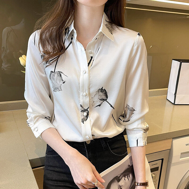 2021 Musim Semi Wanita Blus Sifon Korea Lengan Panjang Blus Vintage Dicetak Kemeja Longgar Blusas Roupa Feminina Tops Musim Gugur