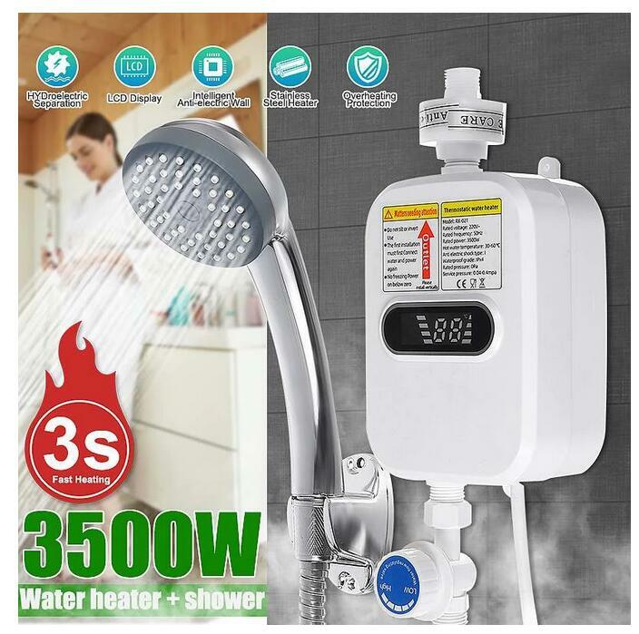 Aquecedor de água elétrico instantâneo 3500w, para banheiro, cozinha, sem visor de temperatura da água, chuveiro, 3s