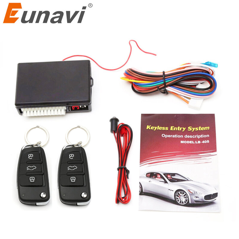 Eunavi-sistema de entrada sin llave Universal para coche, botón de inicio y parada, llavero LED, Kit Central, cerradura de puerta con Control remoto