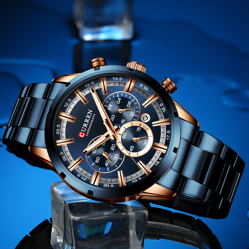 CURREN relógio de pulso masculino, relógio azul de aço inoxidável com pulseira data relógios luxuosos à prova d'água para homens de negócios