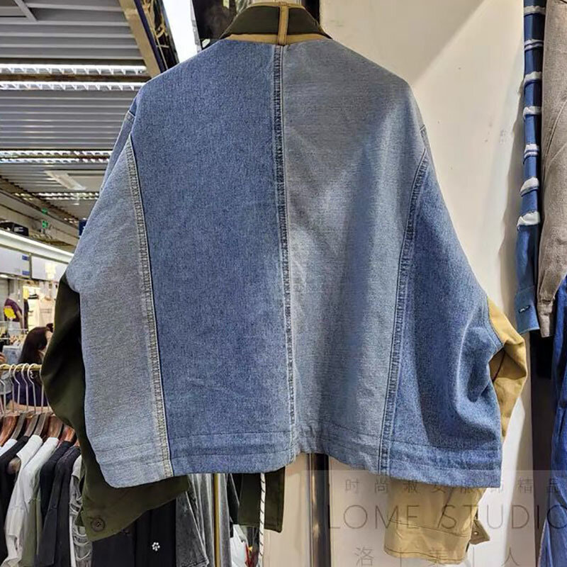 Jaket Streetwear Mode Wanita Musim Gugur 2021 Baru Kerah Longgar Kancing Sebaris Mantel Denim Lengan Panjang Pasang Wanita