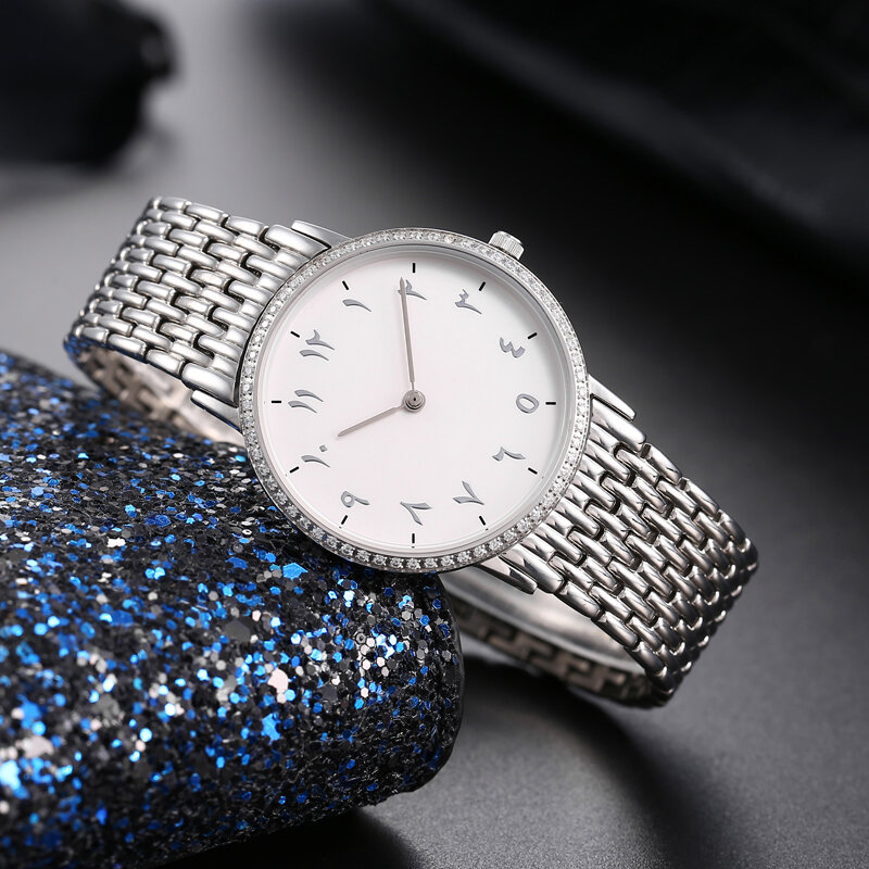 Aço Fino Design Árabe Islâmico Árabe Relógio de Homens e Mulheres de Aço Completo relógio de Pulso Montre Relógios Muçulmano Feminino Masculino Horas