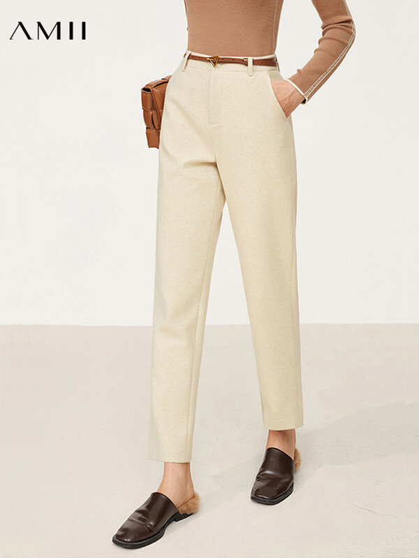 Amii minimalizm spodnie damskie Office Lady wełniany garnitur spodnie zimowe proste spodnie na co dzień jesienne dno damskie spodnie 12160086