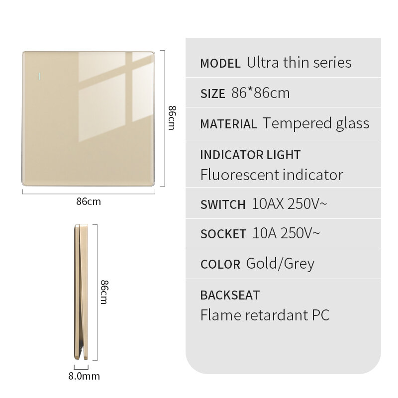 KAMANNI Ultra-Thin High-Grade Gold Tempered Glass Material Light Switch Socket 1/2/3/4 Gang Dual Control Dual Socket With USB