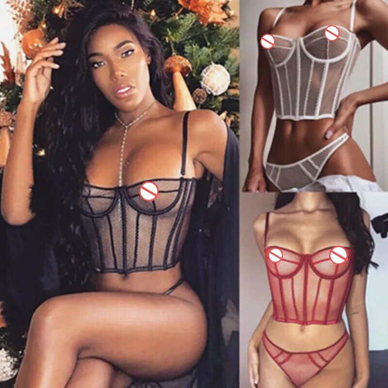 Womens 2Pcs Lace Perspective Mesh Exotic Sets Sleepwear Sexy Babydoll  Sex Underwear Transparent Hollow Out Nightwear
