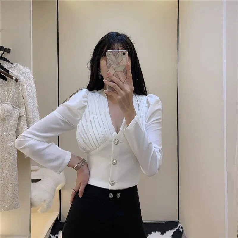 Spring Office Ladies Sexy Deep V Neck Blouse Tops Crystal Buttons Long Sleeve Womens Shirt Chiffon Business Work Slim Fit Shirts