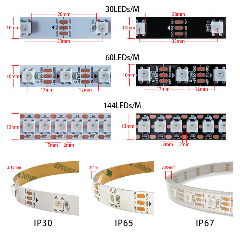 LED 스트립, 개별 주소 지정 가능 LED 스트립 라이트, 방수 다이오드, 유연한 네온 LED 테이프 램프, WS2812B, DC5V, ws2812, IC RGB