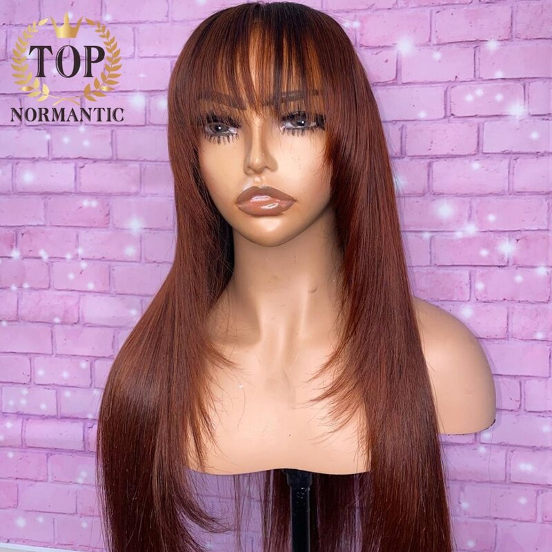 Topnormantic 붉은 갈색 색상 실키 스트레이트 가발 Bangs 13x6 레이스 프론트 레미 브라질 인간의 머리 가발 여성을위한
