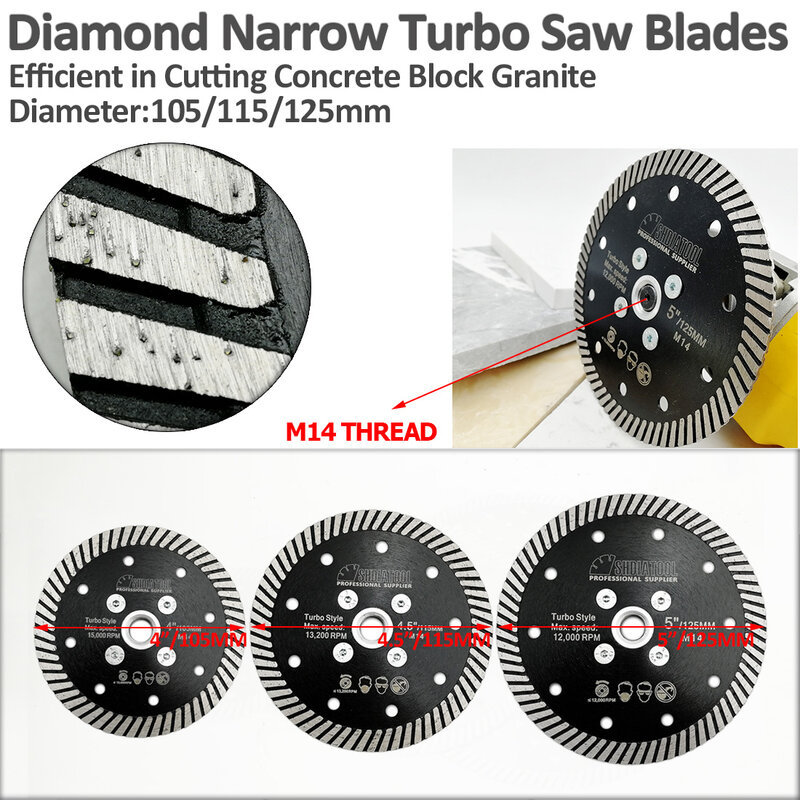 Shdiatool Dia 4 "/4.5"/5 "Diamond Hot Pressed Smalle Turbo Blade Met M14 Draad Snijden disc Voor Graniet Marmer Beton Metselwerk