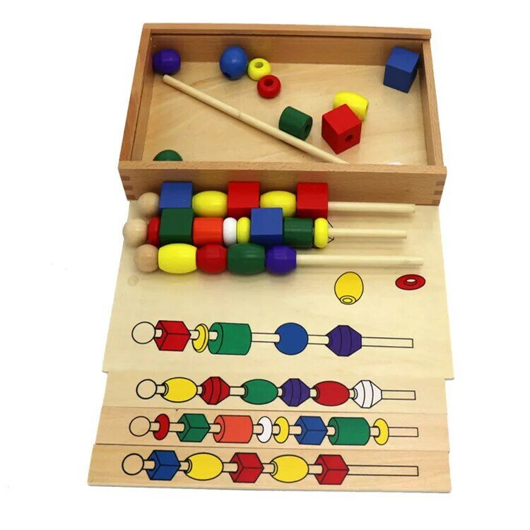 Montessori-Juego de 3 cuentas de madera para enseñanza, set de cuentas de madera grandes de seis colores con cuentas de jardín, colores y formas temprana de jardín, juguetes cognitivos