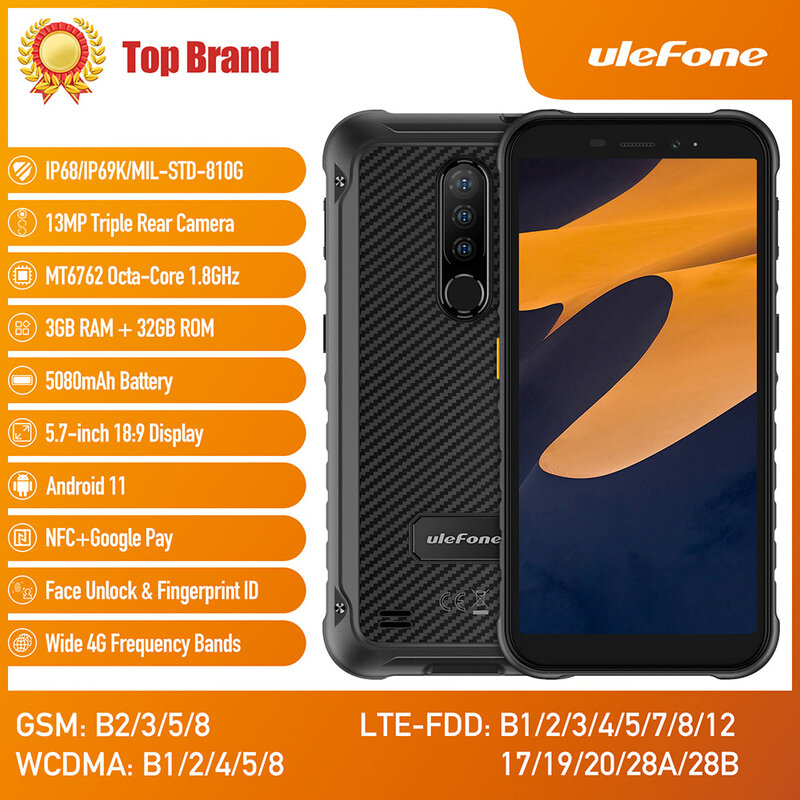 Ulefone – Smartphone Armor X8i, téléphone robuste et étanche, Android, NFC/3 go + 32 go, 5.7 pouces, téléphone portable 4G LTE Global déverrouillé