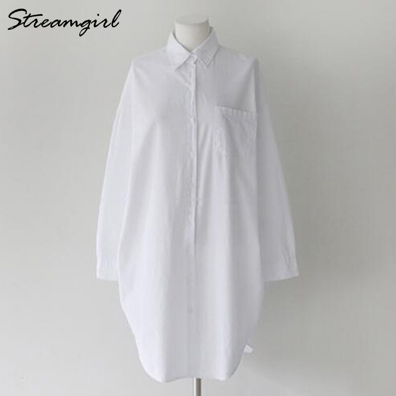 Streamgirl-女性用の白いチュニック,特大のシャツ,長袖,ボーイフレンド,韓国の服,オフィスブラウス,白