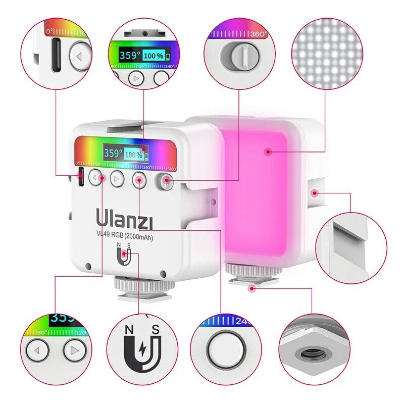 Viim Ulanzi VL49 – lumière vidéo LED rvb pleine couleur 2500K-9000K 800LUX magnétique Mini Fill 3 Cold Shoe 2000mAh type-c lumière d'appareil photo