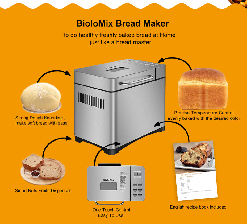 Biolomix in acciaio inox 1KG 19-in-1 macchina per il pane automatica 650W macchina per il pane programmabile con 3 dimensioni di pagnotta distributore di noci di frutta