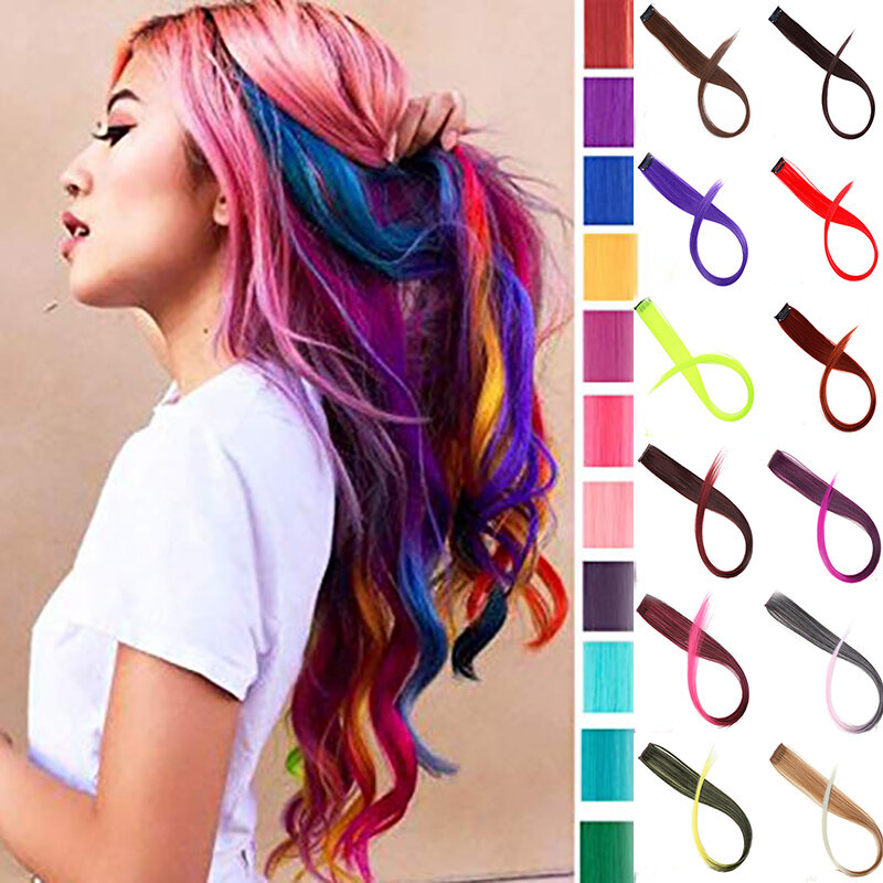 BUQI-extensiones de cabello postizo largo y liso, Clip para resaltar, color arcoíris, rayas de pelo sintético rosa, hebras en Clips