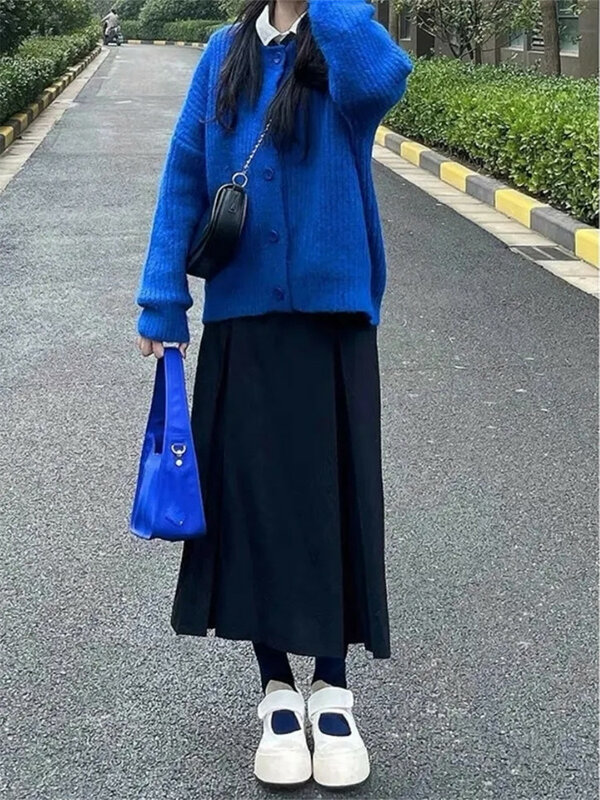 Женский винтажный однобортный Кардиган, синий свободный свитер с длинным рукавом и круглым вырезом, верхняя одежда в Корейском стиле на весну и осень, 2023