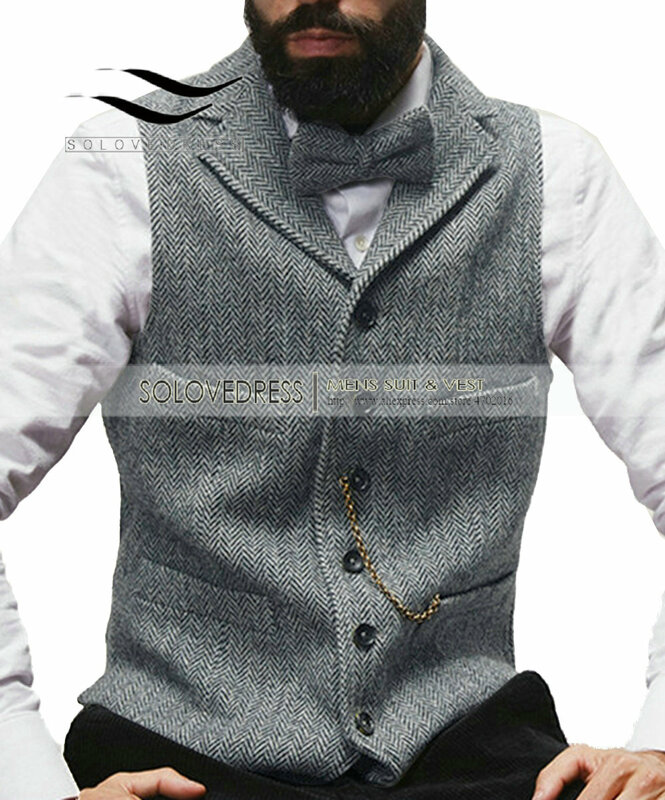 Mens Suit Vest Lapel V Neck Wool Herringbone Casual Formal Business Vest Waistcoat Groomman For Wedding Green/Burgundy/Brown