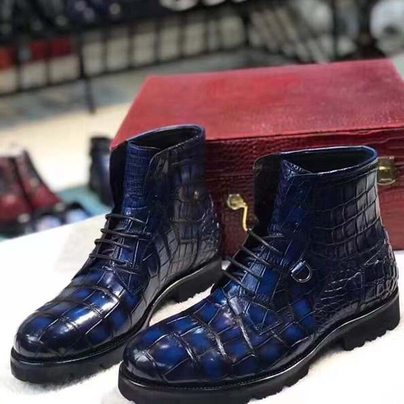 Yingshang nuovi stivali da uomo stivali da uomo in pelle di coccodrillo stivali da uomo in coccodrillo scarpe da uomo blu scuro stivali in coccodrillo color pennello
