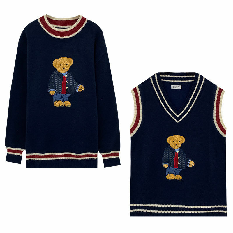 2024 Autumn Winter Women's Vest Japanese Style Cartoon Bear Pullover Vest Sweater Oversize Harajuku Kawaii Clothes Knitted Vest