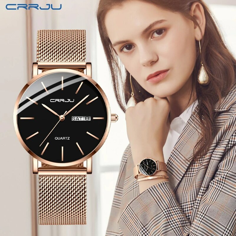 CRRJU urocze zegarki dla kobiet Top marka luksusowa moda biznes panie zegarek pasek ze stali nierdzewnej Casual zegar kwarcowy Relogio