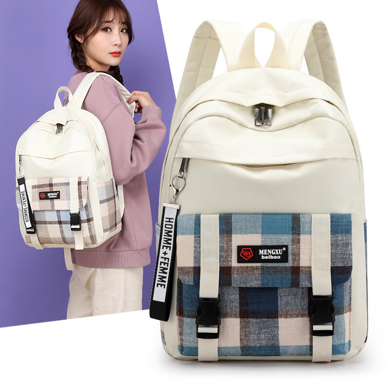 British Plaid Style School Bag For Girls Canvas Women Backpack Large Capacity Fashion Casual Student Schoolbag Female Travel Bag