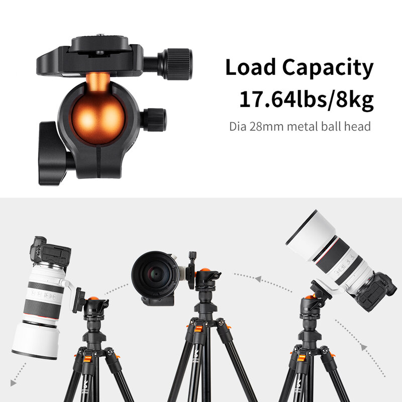 K & F Concept 62.99 인치 DSLR 휴대용 카메라 삼각대, 여행용 알루미늄 삼각대, 360 도 파노라마 볼 헤드 퀵 릴리스