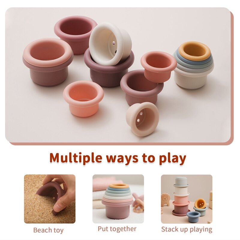 1 zestaw silikonowe układanie kubki zabawki Montessori dla dzieci Stacker bloki wczesne zabawki edukacyjne zabawki do kąpieli dla niemowląt Ins stylowe zabawki do wanny