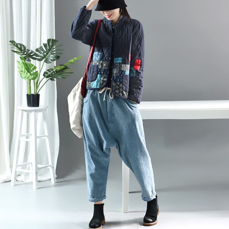 Abrigo corto Vintage de manga larga para mujer, chaqueta gruesa de algodón y lino con retales, estilo artístico, de un solo pecho, Otoño e Invierno