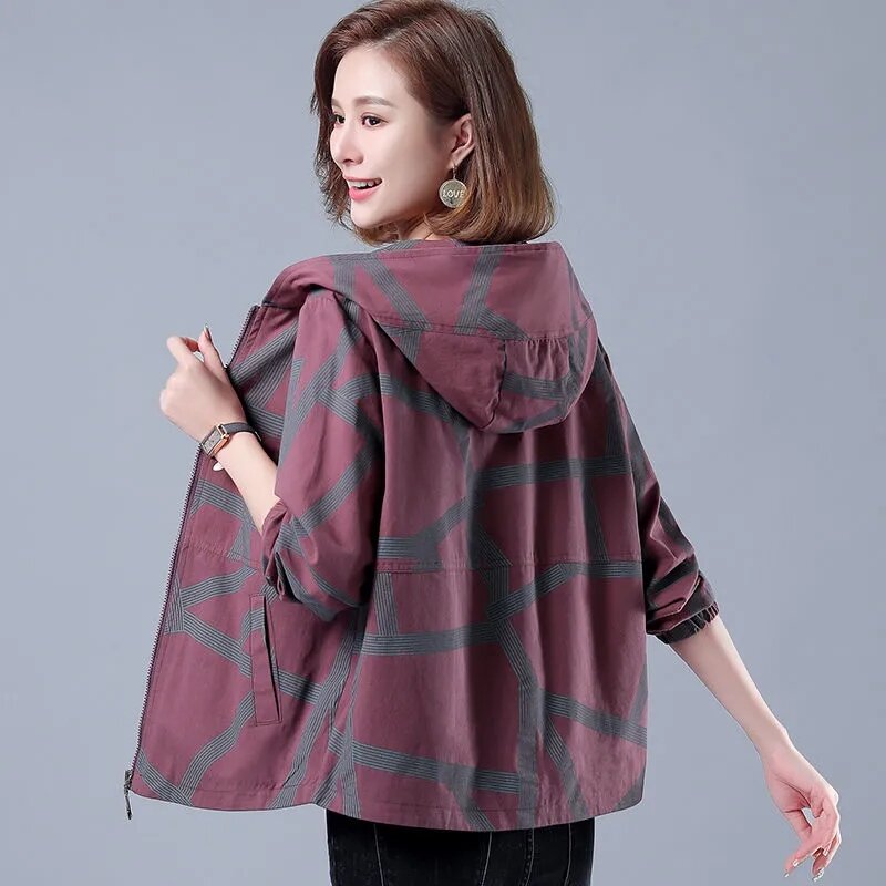 Fashion Lining Jacket Female Middle Aged Elderly Women's  Spring Autumn Korean Loose Print Coat Hooded Mother Tops 541