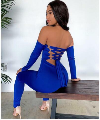 Summer new style women's clothes blue strapless backless straps jumpsuit long sleeve long pants