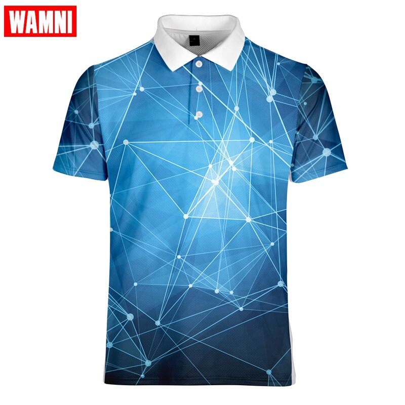 WAMNI 3D koszula tenisowa dorywczo sportowa linia paskiem luźny skręcić w dół kołnierz przycisk badmintona szybkoschnący męski Streetwear