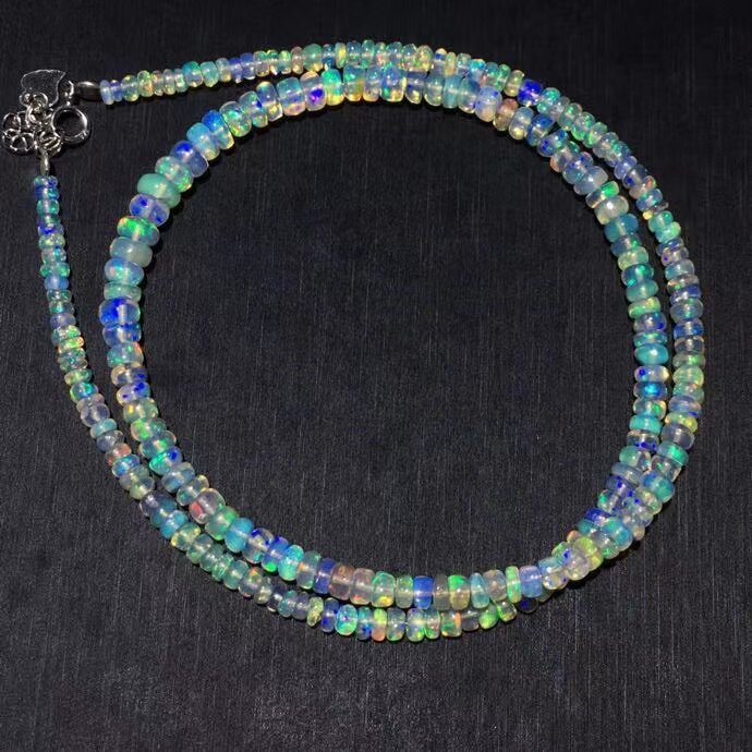 Kalung Manik-manik Bulat Jernih Kristal Opal Warna-warni Alami Asli Wanita 2.7-5Mm Perhiasan Liontin Opal Reiki AAAAAA