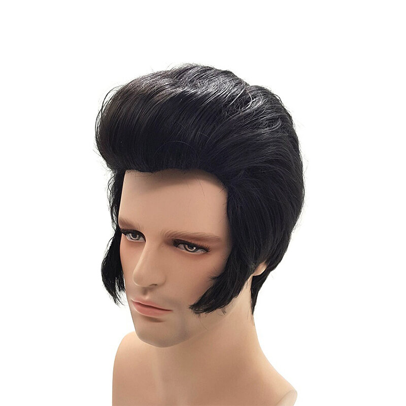 Elvis Aron Presley peruca cosplay para homens, cabelo sintético preto, cantores de rock, festa de Halloween, carnaval traje perucas
