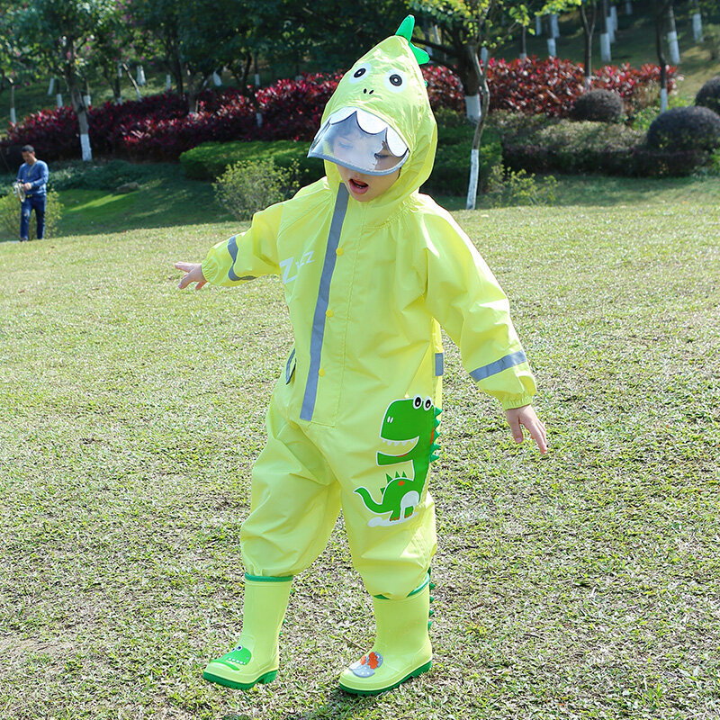 Macacão impermeável com capuz para crianças, 1-10 anos, capa de chuva e calças, desenhos animados de dinossauro, roupas de chuva e calças infantis, meninos e meninas