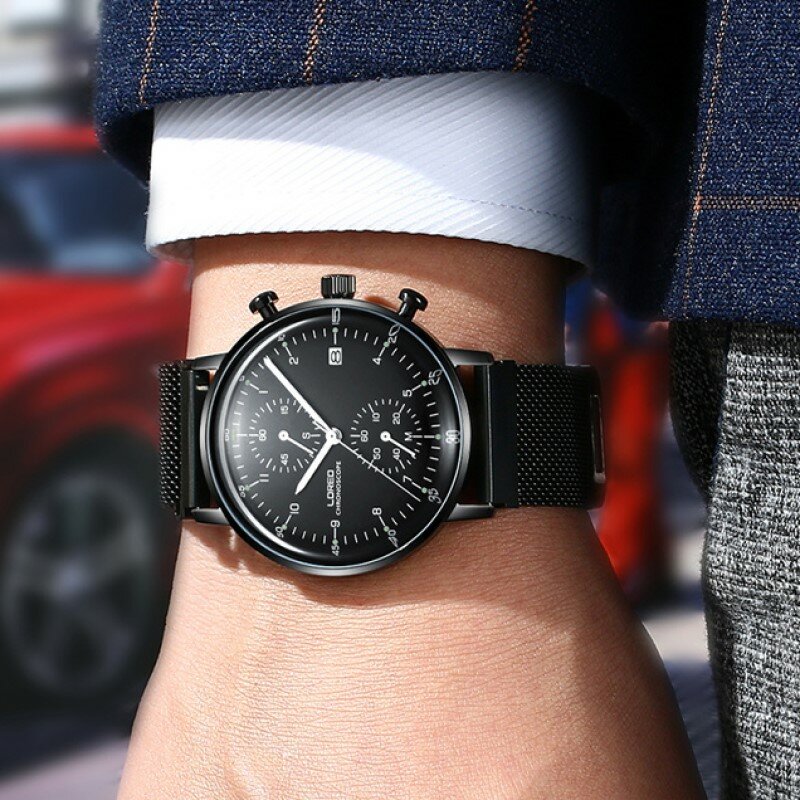 Alta qualidade esporte relógio de quartzo masculino marca luxo loreo relógios dos homens 2019 calendário safira luminosa malha cinta aço inoxidável