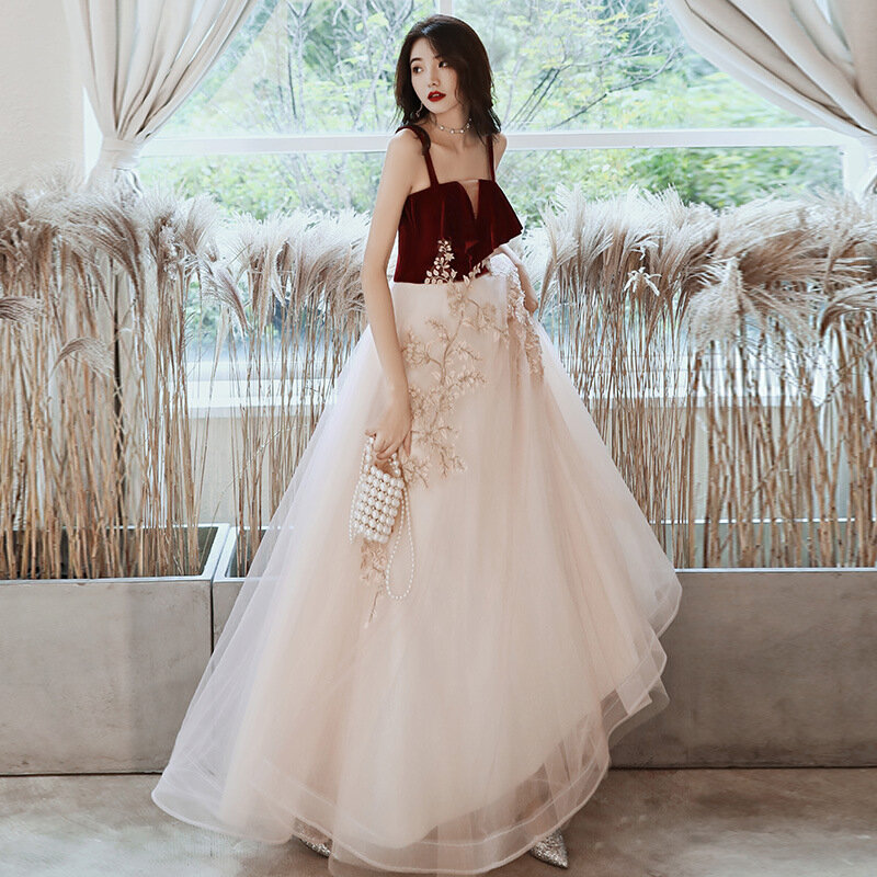Burgundy Exquisite Summer Full Length Evening Party Gown Cheongsam Elegant Short Sleeve Mesh Dress Qipao Bridal Wedding Dress