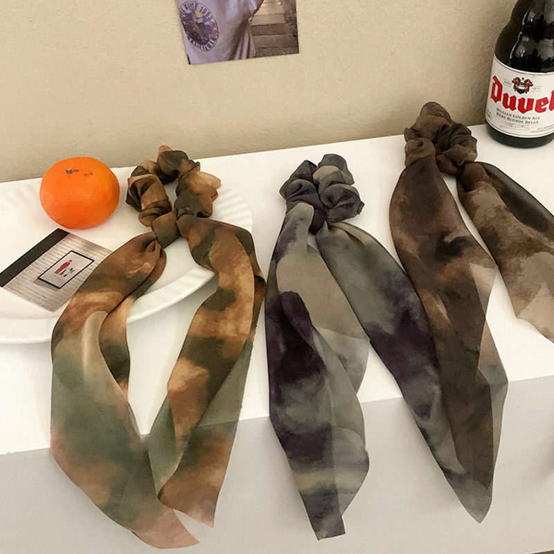 Nowa szyfonowa krawat dye Print długa wstążka do włosów Scrunchies elastyczne gumki do włosów kobiety kokardka dziewczęca kucyk Holder gumki do włosów akcesoria