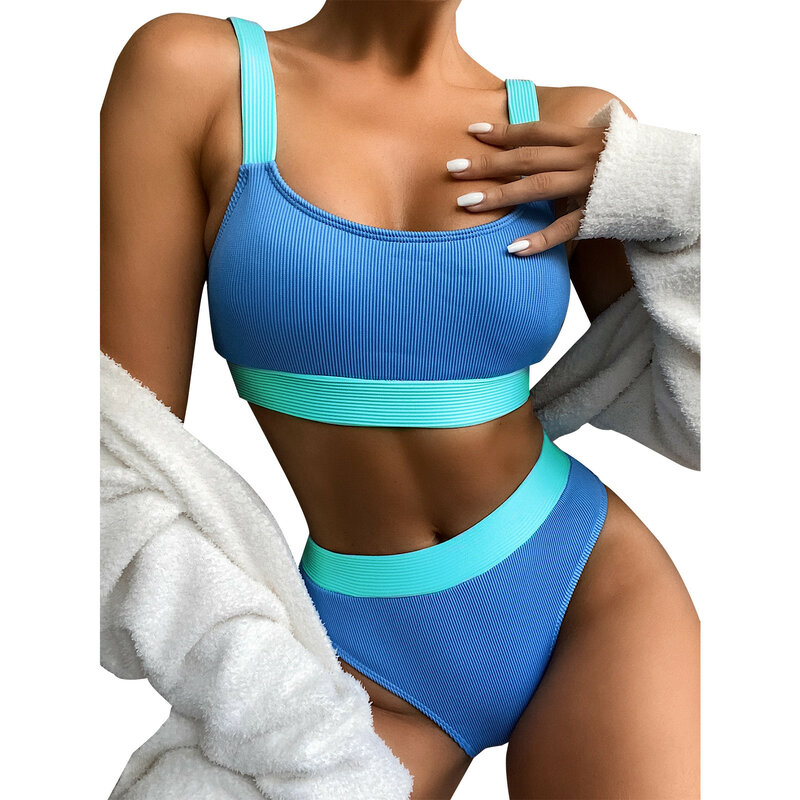 Maillot de bain deux pièces pour femmes, Sexy, taille haute, ensemble deux pièces, fendue, couleur contrastante, vêtements de plage, pour baigneurs, 2021
