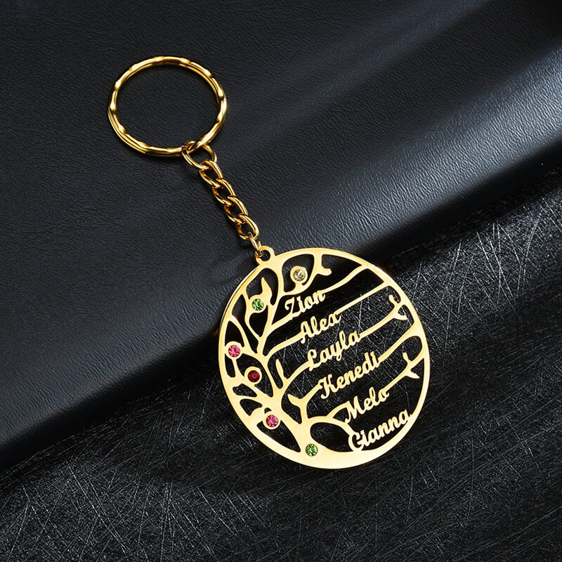 Auxauxme Custom Birthstone Tree of Life Keychains Stainless Steel Family Member Tree Keyring Birthday Gifts for mom Dad