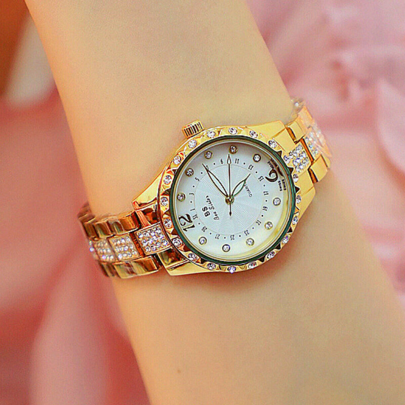 Novo relógio de cristal das senhoras de luxo feminino vestido de ouro relógio de quartzo diamante relógios de pulso de aço inoxidável feminino jóias