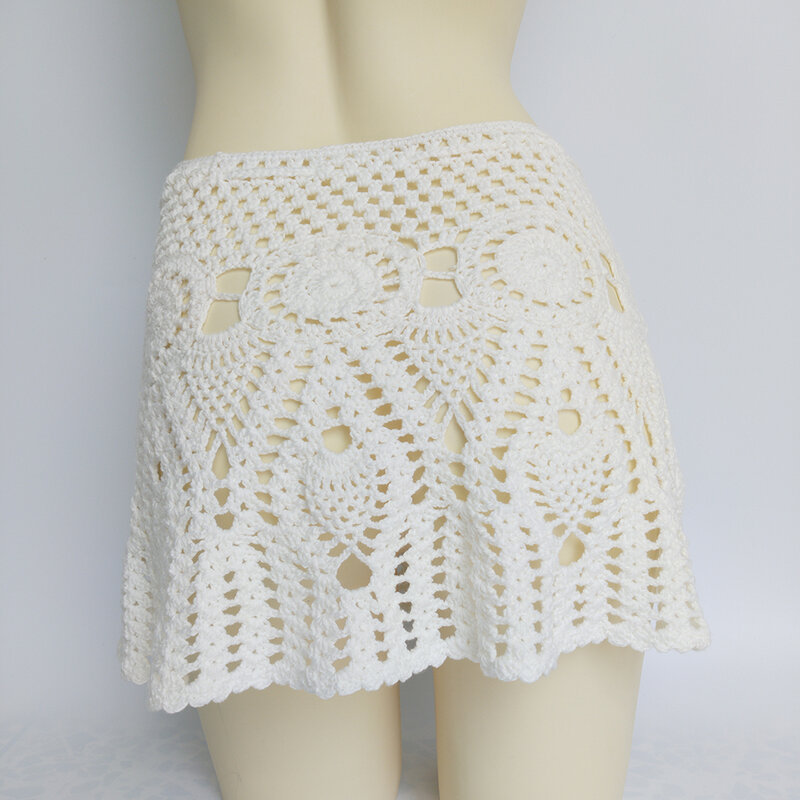 2021 New Sexy Crochet Tassel Beach Skirt Cotton Swimsuit Fused Skirt Casual Beach Running Lace See Through Slim Mini Skirts
