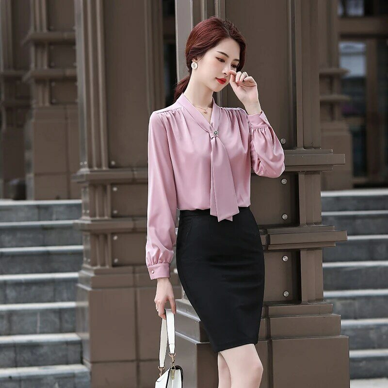 Lenshin-camisas de tela suave para mujer, Blusa con cuello en V y lazo, ropa de trabajo para oficina, Tops para mujer, estilo Suelto
