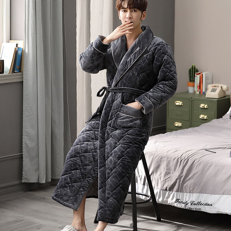 Mantel Mandi Kimono Geometris Pria Jubah Panjang Berlapis Flanel Musim Dingin Pakaian Tidur Hangat Tebal Yards3XL Gaun Malam Pakaian Rumah Kasual Pria