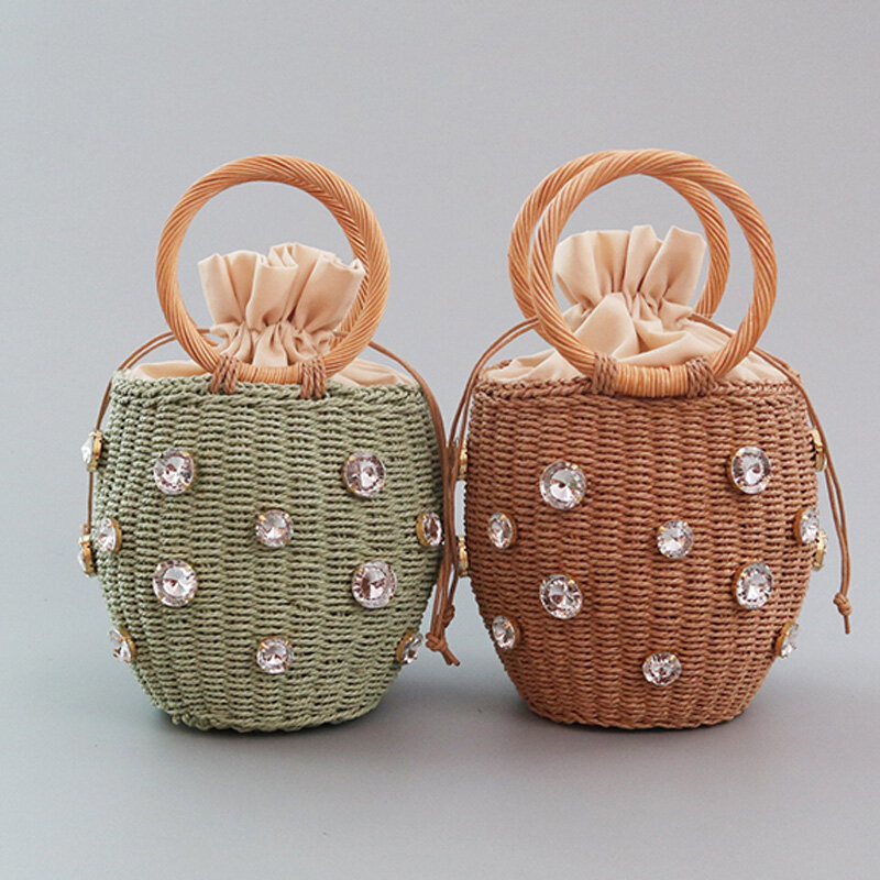 2020 nuova borsa di paglia decorata a mano con strass di cristallo borsa a secchiello di paglia piccola borse da viaggio e borse da donna